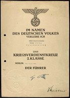 2875 Verleihungsurkunde Eines NSKK-Obersturmmanns Für Das Kriegsverdienstkreuz 2. Klasse, Datiert Berlin 19.4.1944, Mit  - Documents