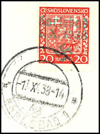 2937 20 H. Wappen Mit Aufdruck "Karlsbad1.X.1938 + Hakenkreuz",  Tadellos Auf Briefstück Mit Ersttagsstempel "1.X.38-14" - Autres & Non Classés