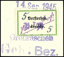 3328 5 Pfg Gebührenzettel Mit Inschrift "Verstorben - Decéde", Entwertet Mit Notstempel Type B Vom 14. Sep. 1945 Auf Bri - Grossraeschen