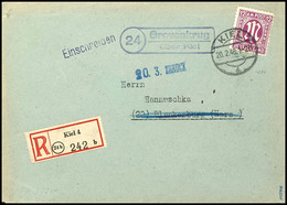 3444 Kiel 4, 30 Pfg Einschreibezettel Mit Gebührenfunktion Sowie 12 Pfg AM-Post Auf R-Brief Von Kiel 20.2.48 Nach Blanke - Kiel