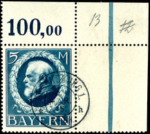 3677 5 Mk Schwarzgraublau, Erste Auflage Friedensdruck, Rechtes Oberes Eckrandstück Mit Vollem Stempel "REGENSBURG 1 H / - Autres & Non Classés