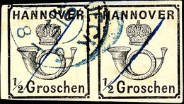 3725 1/2 Gr. Schwarz, Weiße Gummierung Waagerechtes Paar, Gestempelt "Osnabrück 30.11." Und Federstriche, Auf Briefstück - Hanover