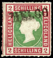 3734 2 Sch. Lilakarmin/dunkelgelblichgrün, Kopftype I, Farbfrisches Kabinettstück Mit Allseits Vollständigem Durchstich  - Héligoland