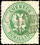 3745 1/2 S. Dunkelgelblichgrün, Farbfrisches Exemplar, Entwertet Mittels L2 "LÜBECK BAHNHOF", Waagerechter Aufklebeknitt - Luebeck