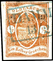 3761 1/2 Groschen Dunkelbraun, Allseits Vollrandiges Und Farbfrisches Kabinettstück Mit Entwertung Durch Blauen Ra2 "DAM - Oldenburg