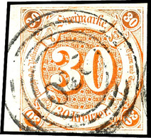 3843 30 Kr. Orange, Zwei Exemplare, Einmal Mit Linkem Bogenrand, Zentrisch Gestempelt Mit Vierringsstempel "220" Von Fra - Autres & Non Classés