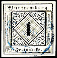 3862 1 Kreuzer Schwarz Auf Sämisch, Type I, Vollrandiges Kabinettstück, Zentrisch Gestempelt Mit Blauem K2 "STUTTGART",  - Other & Unclassified