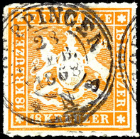 3876 18 Kr. Wappen Gelborange Mit Plattenfehler I "Strich Rechts Am 'U' In Rechtem 'KREUZER' ", Zentrisch Gestempelt K2  - Other & Unclassified