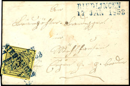 3907 "RIEDLINGEN 17.JAN.1853", Blauer L2, Zwei Abschläge über Kreuz Als Entwertung Auf 3 Kr. Schwarz Auf Gelb Auf Briefh - Autres & Non Classés