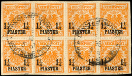 4828 1 1/4 Piaster Auf 25 Pfg Krone/Adler, Gelblichorange, Zwei Viererblöcke Auf Briefstück, Ein Wert Mit Plattenfehler  - Turquie (bureaux)