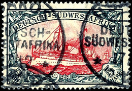 4910 5 Mark Kaiseryacht, Zähnung 26 : 17, Grünschwarz/dunkelkarmin, Mittelstück Gelblichrot Quarzend, Entwertet "USAKOS  - Sud-Ouest Africain Allemand