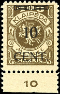 5177 10 C. Auf 400 M. Freimarke, Aufdruck In Type I, Vom Bogenunterrand, Tadellos Postfrisch, Gepr. Huylmans BPP, Mi. 12 - Memel (Klaïpeda) 1923