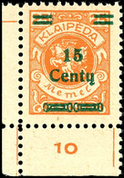 5183 15 C. Auf 20 Mark Freimarke, Aufdruckfehler "1 Und 5 Mit Sehr Weitem Abstand - 1,3 Mm", Eckrand Unten Links, Tadell - Memel (Klaïpeda) 1923