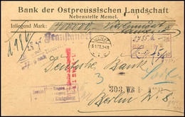 5192 "MEMEL ** C 5.1.23", Kleiner Datumbrückenstempel Auf Wertbrief über 400.000 M. Nebst Violettem Ra3-Freigebührstempe - Memel (Klaïpeda) 1923