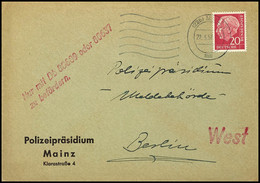 6637 INCOMING MAIL: Bundesrepublik 20 Pfg Heuss Auf Brief Von "MAINZ 1 22.3.57" Vom Dortigen Polizeipräsidium An Das Sel - Autres & Non Classés