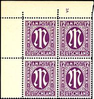 6789 12 Pfg AM-Post, Englischer Druck, Eckrand-4er-Block Mit Platten-Nr. "2A", Tadellos Postfrisch, Unsigniert, Mi. 424, - Autres & Non Classés