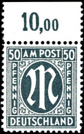 6796 50 Pf. AM-Post Deutscher Druck, Schwarzgrün, Gez. 11½:11, Oberrandstück Postfrisch, Gepr. Schlegel BPP, Mi. 200,-., - Autres & Non Classés