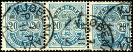 7043 1884, 20 Öre Hellblau, Gezähnt 14:13½, Reserveklischee Der Ausgabe Von 1882 Im Waagerechten 3er-Streifen Mit Zwei N - Danemark