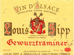 Etiket Etiquette - Vin - Wijn - Vin D'Alsace - Louis Sipp - Gewurztraminer - Ribeauvillé - Gewurztraminer