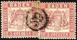 BADEN 16 O, 1862, 3 Kr. Rosakarmin, 2x Mit Einem Zentrischen Uhrradstempel 39, Pracht, R!, Signiert Fulpius Und H.K. - Andere & Zonder Classificatie