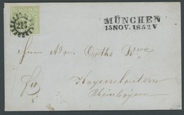 BAYERN 1852, 9 Kr. Mattblaugrün, Type II, Prachtbrief Von MÜNCHEN Nach Kaiserslautern, Gepr. Pfenninger Und Brettl - Andere & Zonder Classificatie