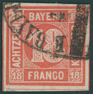 BAYERN 13a O, 1862, 18 Kr. Zinnoberrot, Allseits Riesenrandig Mit Bahnpost-Segmentstempel, Kabinett, Gepr. Pfenninger - Sonstige & Ohne Zuordnung