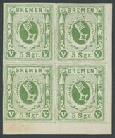 BREMEN 4c VB *, 1859, 5 Sgr. Grün Im Viererblock Aus Der Rechten Unteren Bogenecke, Pracht - Bremen