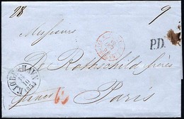HAMBURG - GRENZÜBERGANGSSTEMPEL 1856, P.D., Schwarzer L1 Auf Brief Von Copenhagen (K1) Nach Paris, Rückseitig 4 Durchgan - Prefilatelia