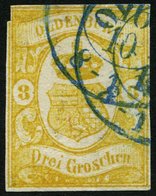 OLDENBURG 14 O, 1861, 3 Gr. Graugelb, Oben Links Kleiner Schnittfehler Sonst Pracht, Gepr. Brettl, Mi. 550.- - Oldenburg
