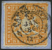 WÜRTTEMBERG 34 BrfStk, 1867, 18 Kr. Orangegelb, K1 CANNSTATT, Prachtbriefstück, Gepr. U.a. Drahn, Mi. (1000.-) - Otros & Sin Clasificación