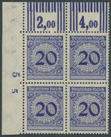 Dt. Reich 341WOR VB **, 1923, 20 Pf. Dunkellilaultramarin, Walzendruck, Im Viererblock Aus Der Linken Oberen Bogenecke,  - Usados