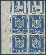 Dt. Reich 358XWOR VB **, 1924, 3 Pf. Reichsadler, Walzendruck 3`7`3, Im Linken Oberen Eckrandviererblock, Postfrisch, Pr - Gebruikt