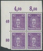 Dt. Reich 395POR VB **, 1926, 40 Pf. Leibniz, Plattendruck, Im Linken Oberen Eckrandviererblock, Postfrisch Pracht, Mi.  - Gebruikt