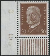 Dt. Reich 420 **, 1928, 50 Pf. Hindenburg, Untere Linke Bogenecke Mit Bogennummer, Pracht, Gepr. Schlegel - Gebraucht