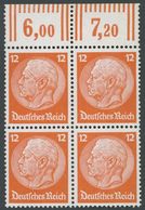 Dt. Reich 469WOR VB **, 1932, 12 Pf. Hindenburg, Walzendruck, Im Viererblock Vom Oberrand, Postfrisch, Pracht, Mi. 148.- - Usati