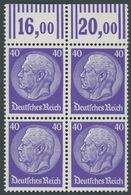 Dt. Reich 472WOR VB **, 1932, 40 Pf. Hindenburg, Walzendruck, Im Oberrandviererblock, Postfrisch, Pracht, Mi. 600.- - Oblitérés