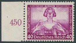 Dt. Reich 507 **, 1933, 40 Pf. Wagner, Linkes Seitenrandstück, Postfrisch, Pracht, Unsigniert, Fotoattest H.D. Schlegel: - Otros & Sin Clasificación