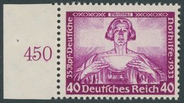 Dt. Reich 507 **, 1933, 40 Pf. Wagner, Linkes Seitenrandstück, Postfrisch, Pracht, Unsigniert, Fotoattest H.D. Schlegel: - Andere & Zonder Classificatie