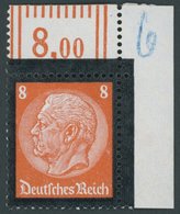 Dt. Reich 551WOR **, 1934, 8 Pf. Hindenburg-Trauer, Walzendruck, Oberer Rechte Bogenecke, Pracht - Autres & Non Classés