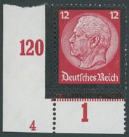 Dt. Reich 552FN **, 1934, 12 Pf. Hindenburg-Trauer, Untere Linke Bogenecke Mit Form Nr. 4, Pracht - Andere & Zonder Classificatie