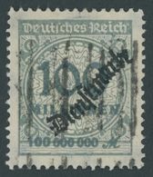 DIENSTMARKEN D 82 O, 1923, 100 Mio. M. Dunkelgrüngrau, Strichstempel, Pracht, Gepr. Peschl, Mi. 200.- - Dienstzegels