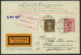 LUFTPOSTBESTÄTIGUNGSSTPL 52-02a BRIEF, HANNOVER, R3 In Rot, Auf Erstflug Bremen-Halle-Prag, Drucksache, Pracht - Posta Aerea & Zeppelin