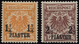 DP TÜRKEI 9b,10d *, 1889, 11/4 PIA. Auf 25 Pf. Gelblichorange Und 21/2 PIA. Auf 50 Pf. Lebhaftrötlichbraun, Falzreste, 2 - Turkse Rijk (kantoren)