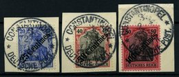 DP TÜRKEI 50-52 BrfStk, 1908, 25 C. Auf 20 - 100 C Auf 80 Diagonaler Aufdruck Mit Stempeln CONSTANTINOPEL 3 **, 3 Pracht - Deutsche Post In Der Türkei