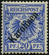 KAROLINEN 4I *, 1899, 20 Pf. Diagonaler Aufdruck, Falzreste, Pracht, Gepr. Steuer, Mi. 75.- - Carolines