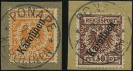 KAROLINEN 5a,6II BrfStk, 1900, 25 Und 50 Pf. Steiler Aufdruck, 2 Prachtbriefstücke, Gepr. W. Engel, Mi. (140.-) - Karolinen