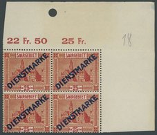 SAARGEBIET D 6I VB **, 1922, 25 C. Neues Rathaus Im Rechten Oberen Eckrandviererblock, Dabei Feld 9 Mit Aufdruckfehler P - Autres & Non Classés