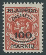 MEMELGEBIET 127V **, 1923, 100 M. Auf 25 C. Dunkelzinnoberrot, Pracht, Mi. -.- - Memel (Klaïpeda) 1923