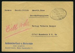 ALL. BES. GEBÜHR BEZAHLT ANDERNACH Gebühr Bezahlt, 15.10.46, Ellipsenstempel, Handschriftlich In Rot Eilt Sehr, Firmenbr - Altri & Non Classificati