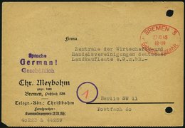 ALL. BES. GEBÜHR BEZAHLT BREMEN, 27.10.45, Roter Ellipsenstempel Gebühr Bezahlt, Ohne Steg, Auf Firmenkarte, Gelocht - Sonstige & Ohne Zuordnung